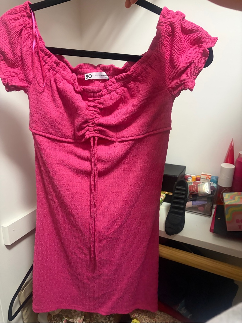SO Hot Pink Ruched Off-Shoulder Mini Dress